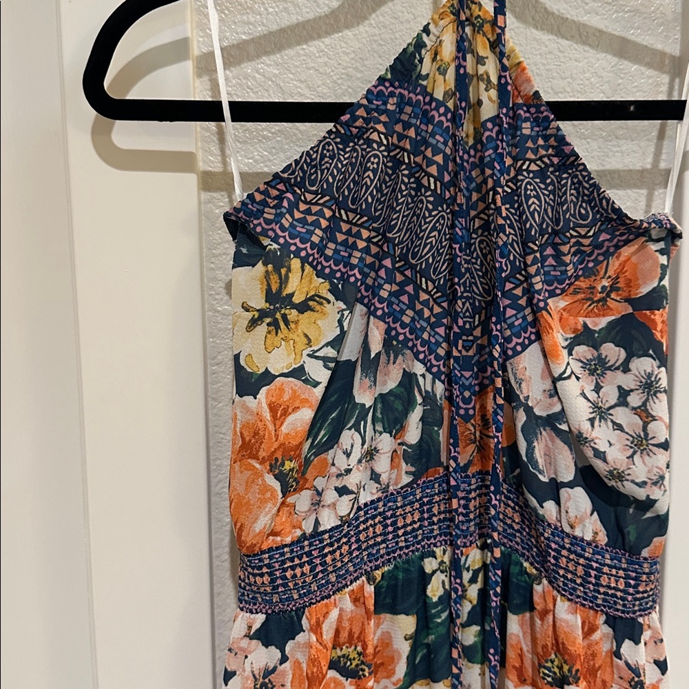 Jealous Tomato Floral Halter Jumpsuit with Blue and Orange Accents